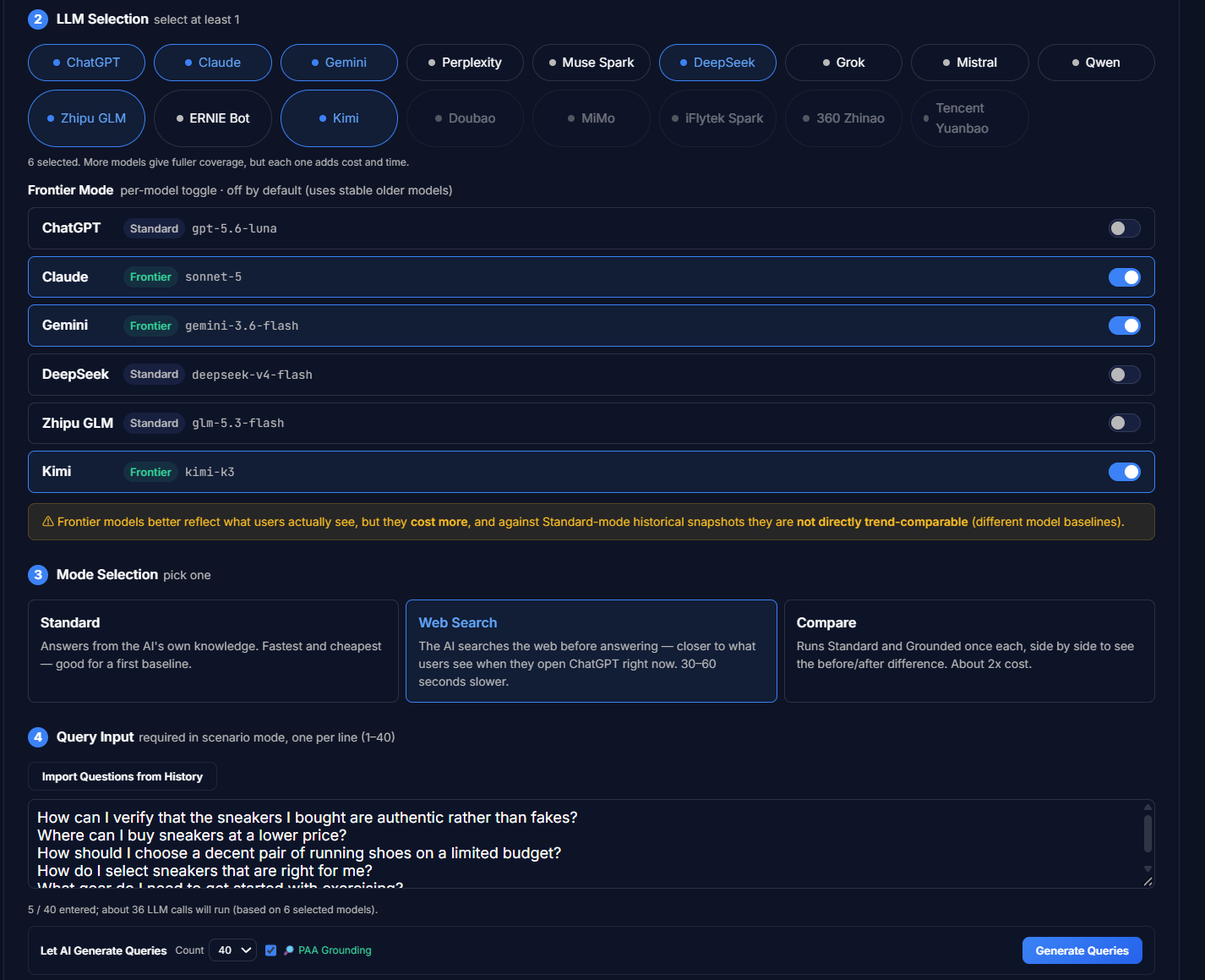 Backtest setup — engine selection across ChatGPT, Claude, Gemini, Perplexity, DeepSeek, Grok, Mistral, Qwen, Kimi, Zhipu GLM and ERNIE Bot among others, a per-engine frontier/standard model toggle, standard / web-search / compare modes, and bulk-imported or AI-generated prompts, 1,000+ at once